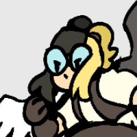 a drawing of osmp beau, an avian. she has one black wing and one white wing, aviator goggles, and her hair up in two ponytails